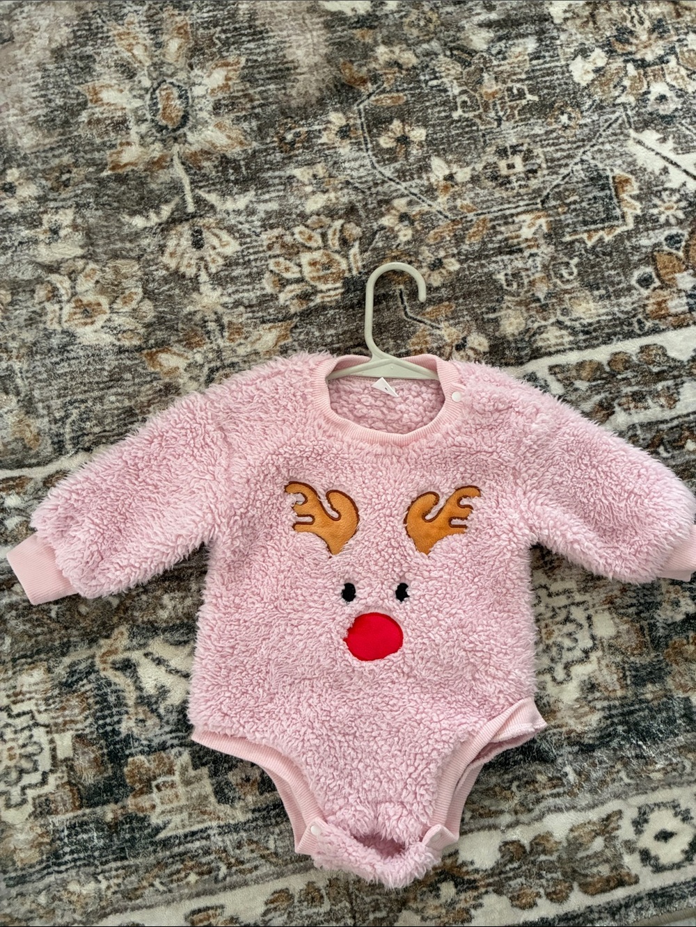 SHEIN Pink Fuzzy Reindeer Baby One-Piece Bodysuit